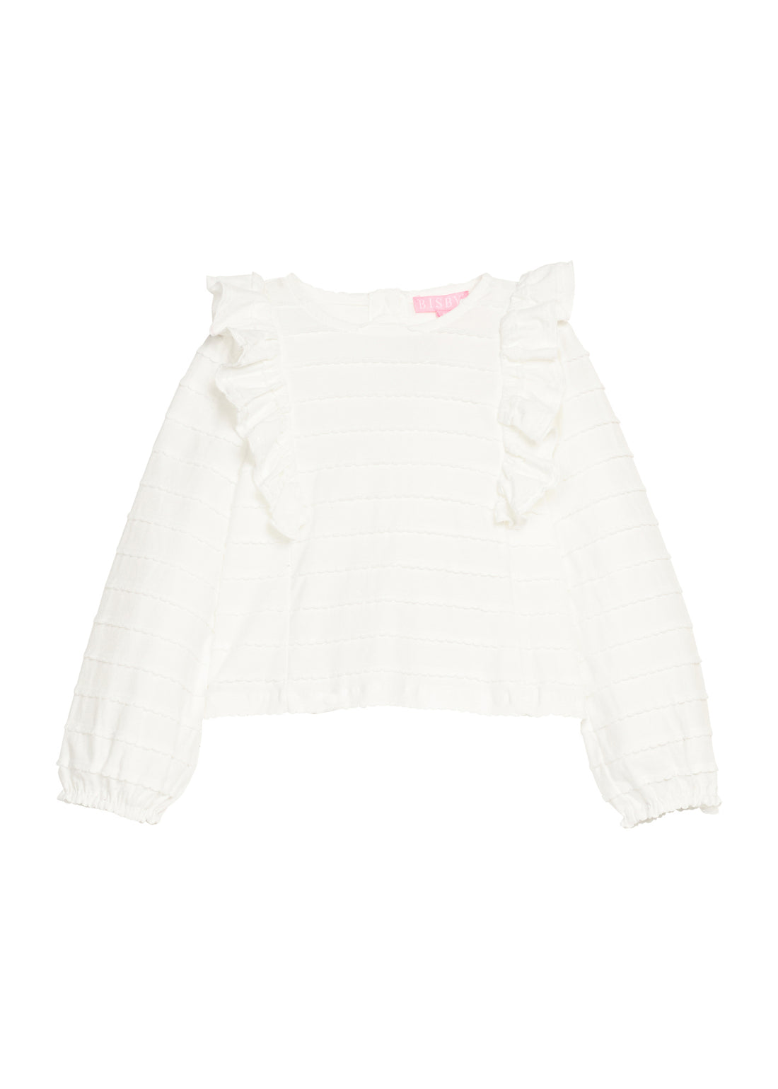 Girls/tween long sleeve  white knit ruffle blouse with elastic armholes and button down closure at back for a secure but relaxed fit. 