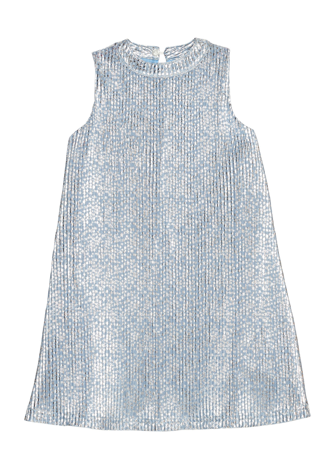 Girls/tween light blue sleeveless crinkle dress with silver stars print that features a button closure at top of back of neckline for a secure but relaxed fit. 