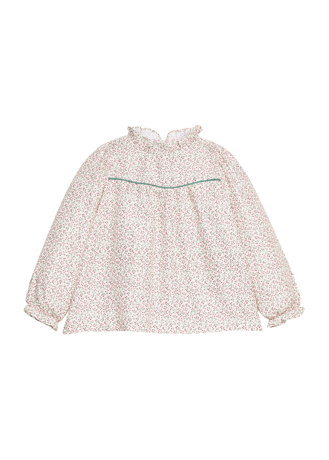Girls/tween woven long sleeve top in a green and red floral print that features a high neck ruffle neckline, button closure at back,  and a green trim detail across the bust to elevate the look. 