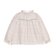 Girls/tween woven long sleeve top in a green and red floral print that features a high neck ruffle neckline, button closure at back,  and a green trim detail across the bust to elevate the look. 
