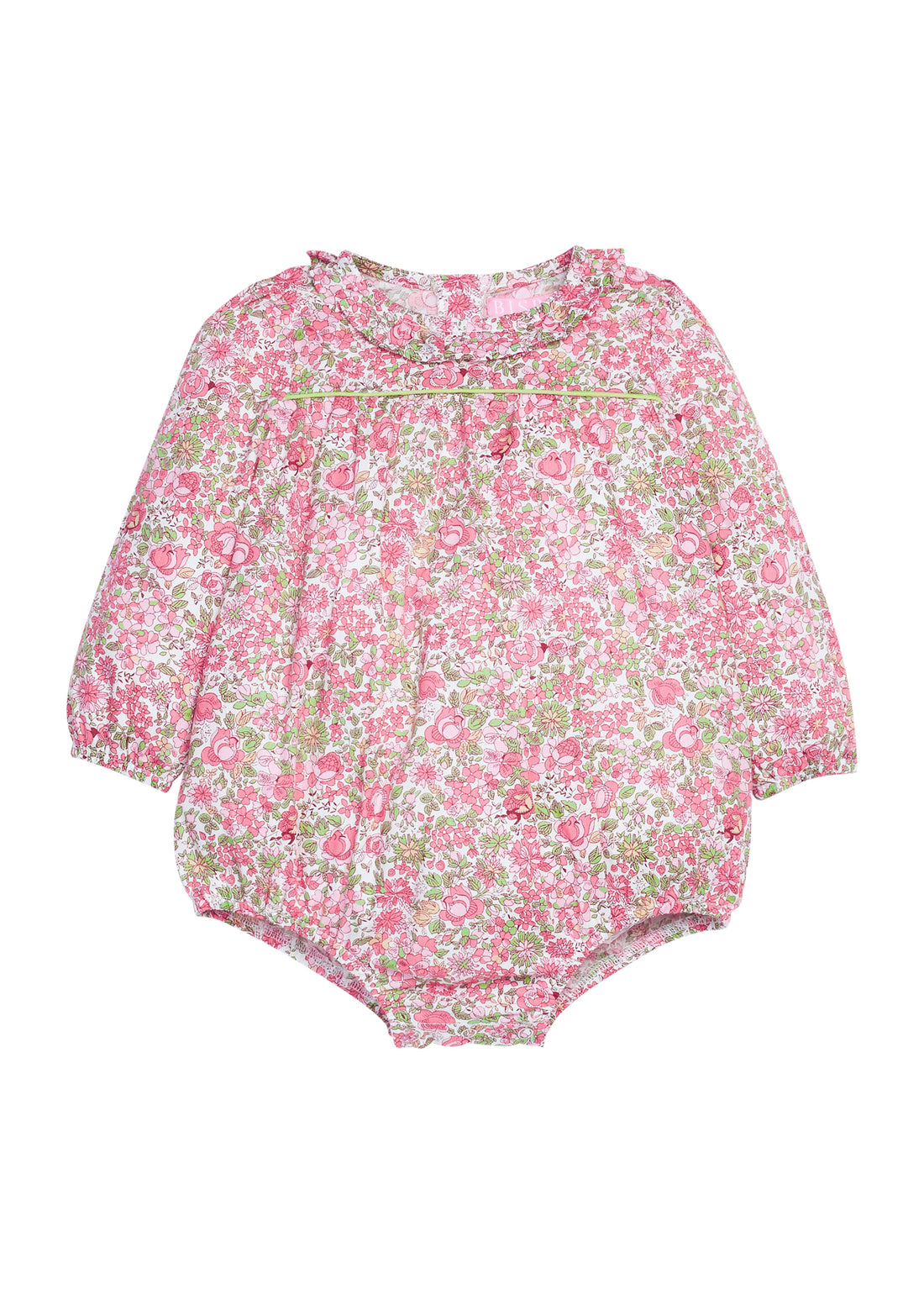 Pink and green baby bubble with green piping that also features button closure along back of neckline and at stride for easy put on/ take off access/