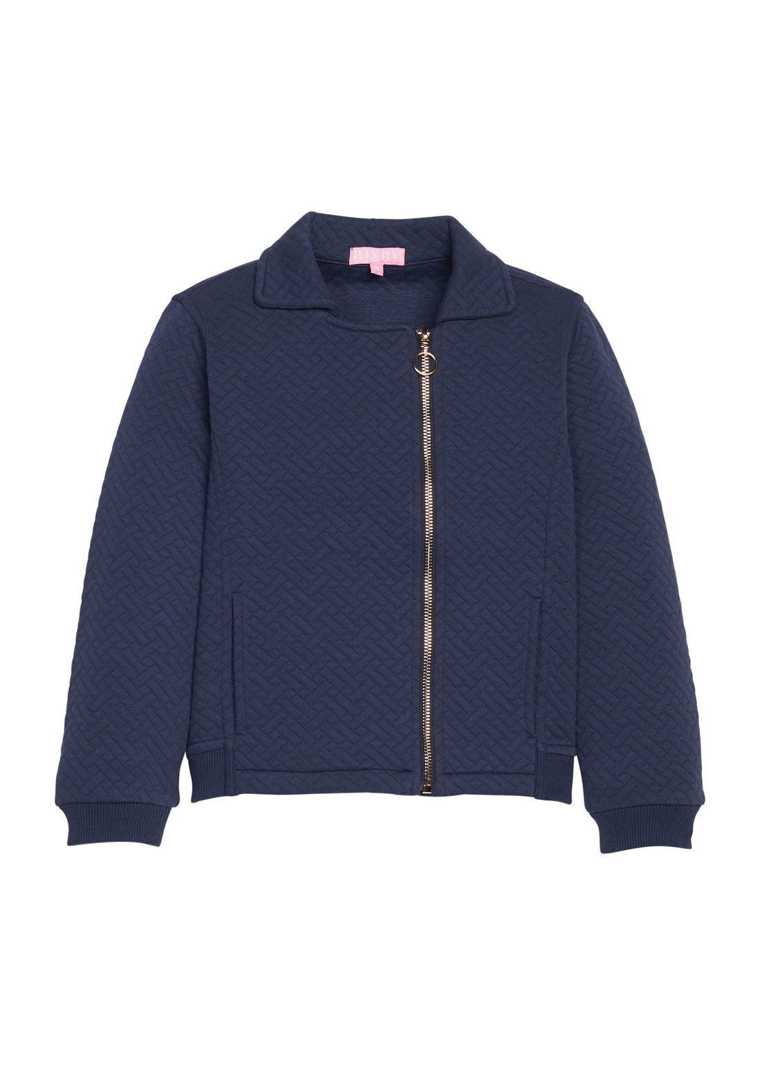 Girls/tween navy quilted jacket with a gold zipper and functional pockets.