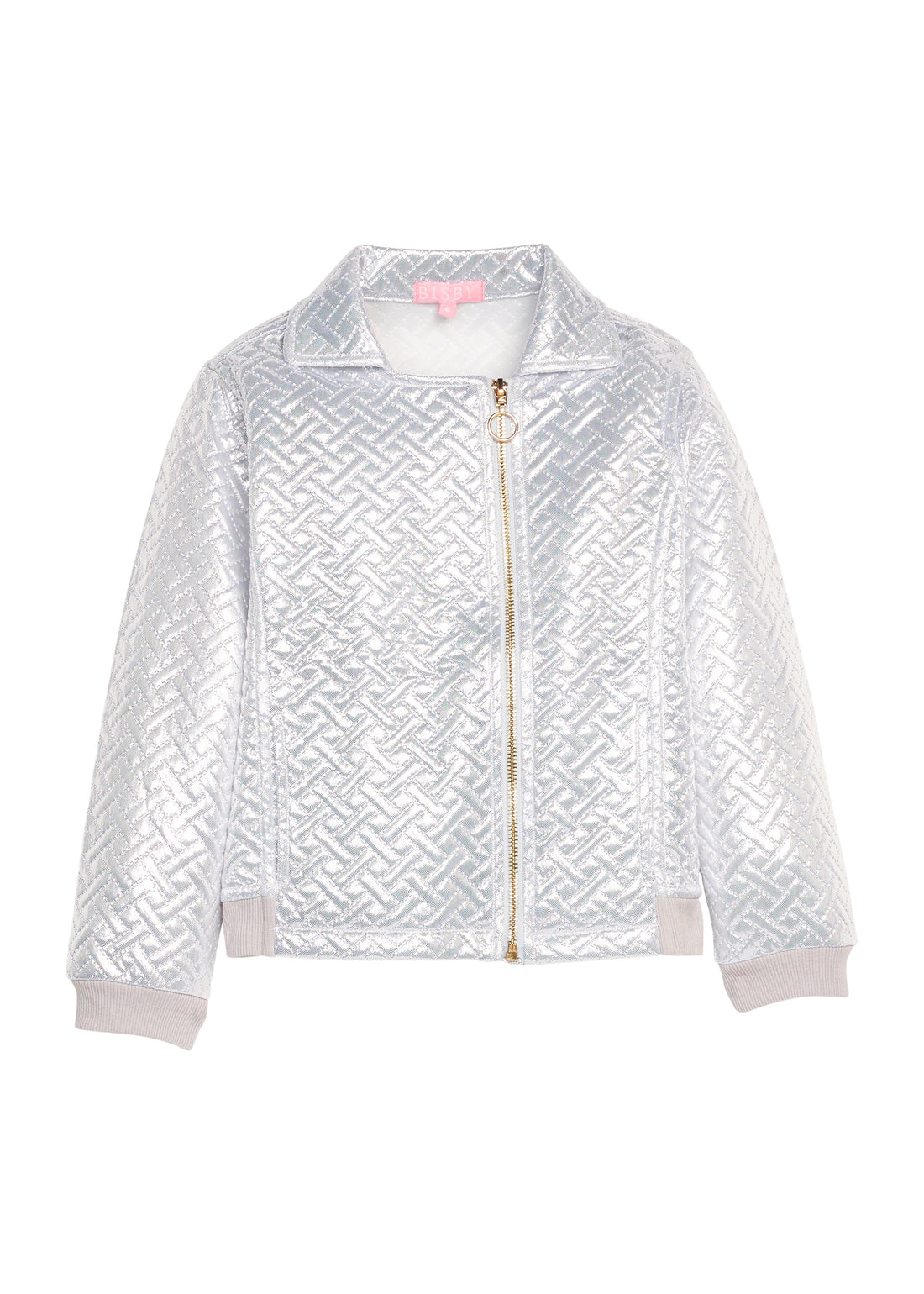 Girls/tween silver quilted jacket with a gold zipper and functional pockets. 