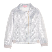 Girls/tween silver quilted jacket with a gold zipper and functional pockets. 