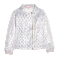 Girls/tween silver quilted jacket with a gold zipper and functional pockets. 