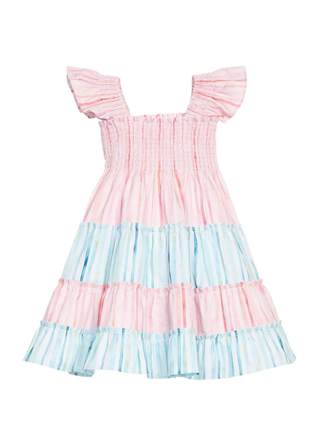BISBY girl woven pink and blue stripe colorblock pattern. Dress features angel sleeves, smocking across bust, and outside surging detail for an elevated look.