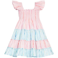BISBY girl woven pink and blue stripe colorblock pattern. Dress features angel sleeves, smocking across bust, and outside surging detail for an elevated look.