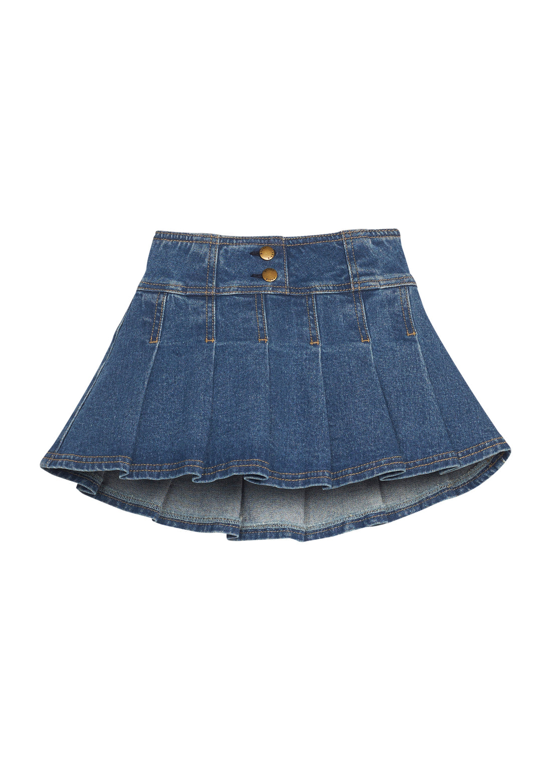 Girls/tween pleated denim skirt with two faux gold buttons. Skort features an elastic waistband and built in shorts for a relaxed but secure fit. 