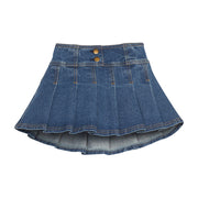Girls/tween pleated denim skirt with two faux gold buttons. Skort features an elastic waistband and built in shorts for a relaxed but secure fit. 