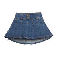 Girls/tween pleated denim skirt with two faux gold buttons. Skort features an elastic waistband and built in shorts for a relaxed but secure fit. 