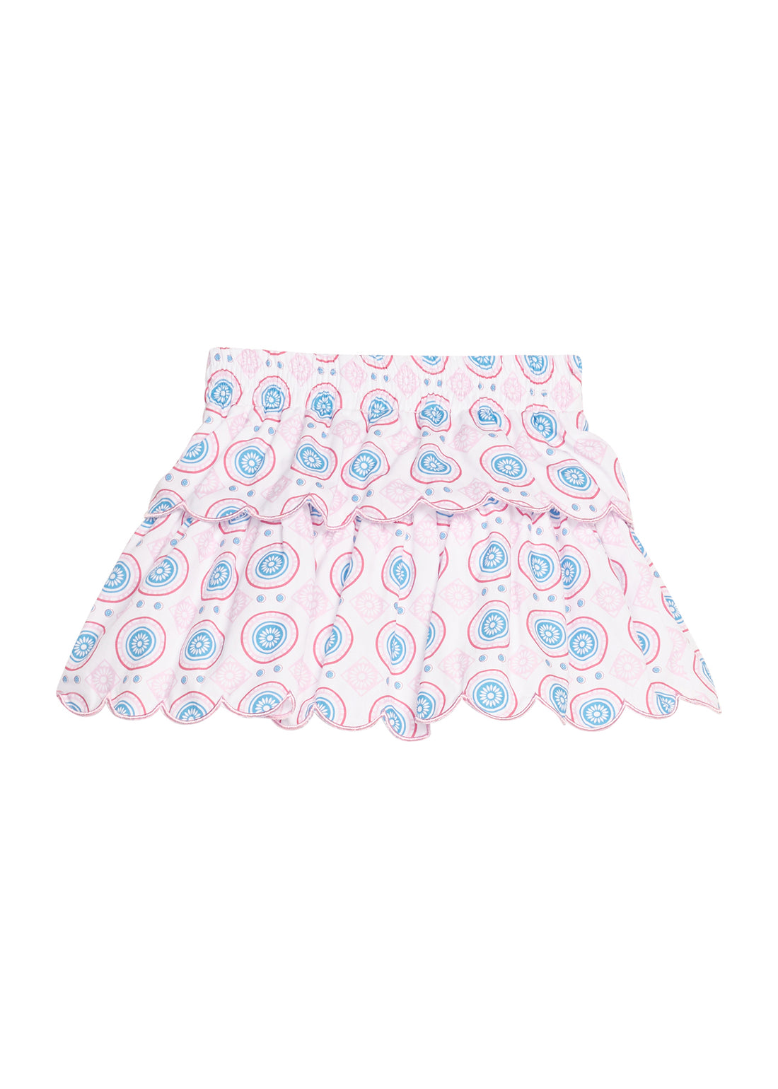 BISBY girl woven two tiered skort in a blue/red/pink pattern. Skort features built in shorts, elastic waistband, and pink embroidered scallops to elevate the look.