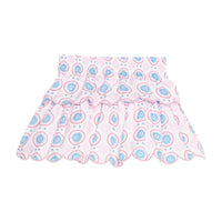 BISBY girl woven two tiered skort in a blue/red/pink pattern. Skort features built in shorts, elastic waistband, and pink embroidered scallops to elevate the look.