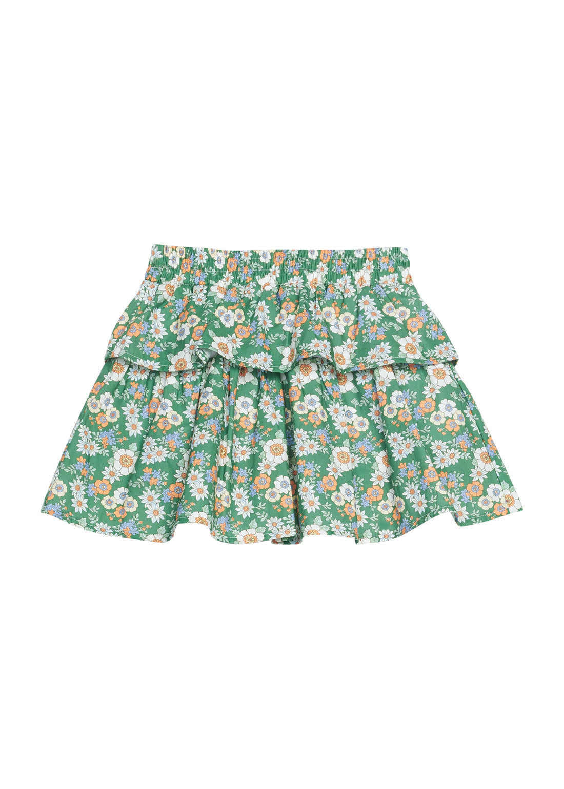 Girls woven skort featuring a green background with white, orange, and blue florals. 