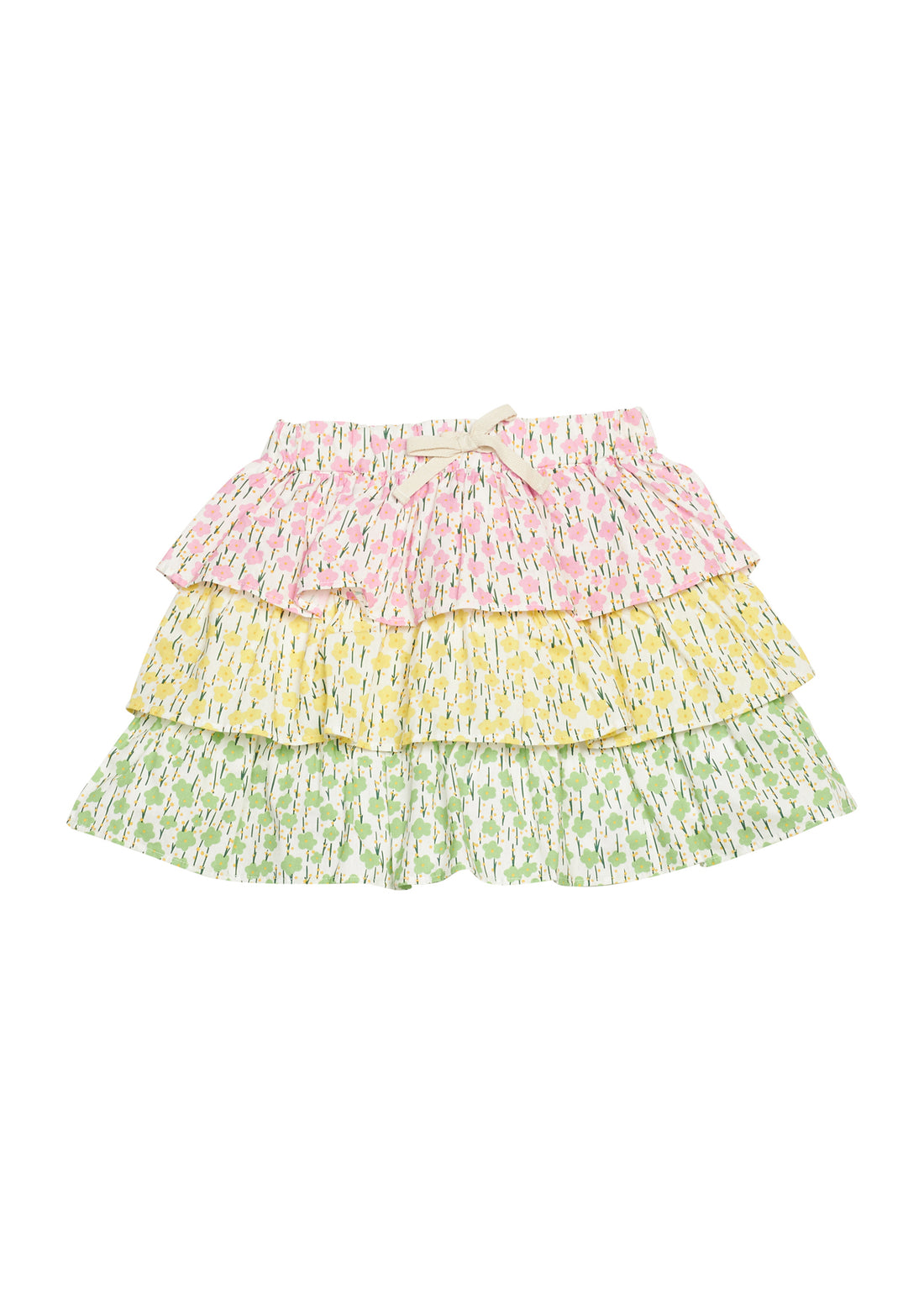 BISBY girl three tiered woven skort. Skort features pink floral print top tier, yellow floral print middle tier, and green floral print bottom tier, built in shorts, and an elastic waistband for an elevated look.