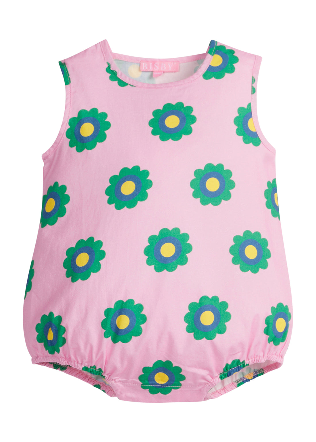 Baby girl light pink woven bubble with green/royal blue/and yellow flowers printed on it. Bubble also features button closures along stride for easy put on capability.