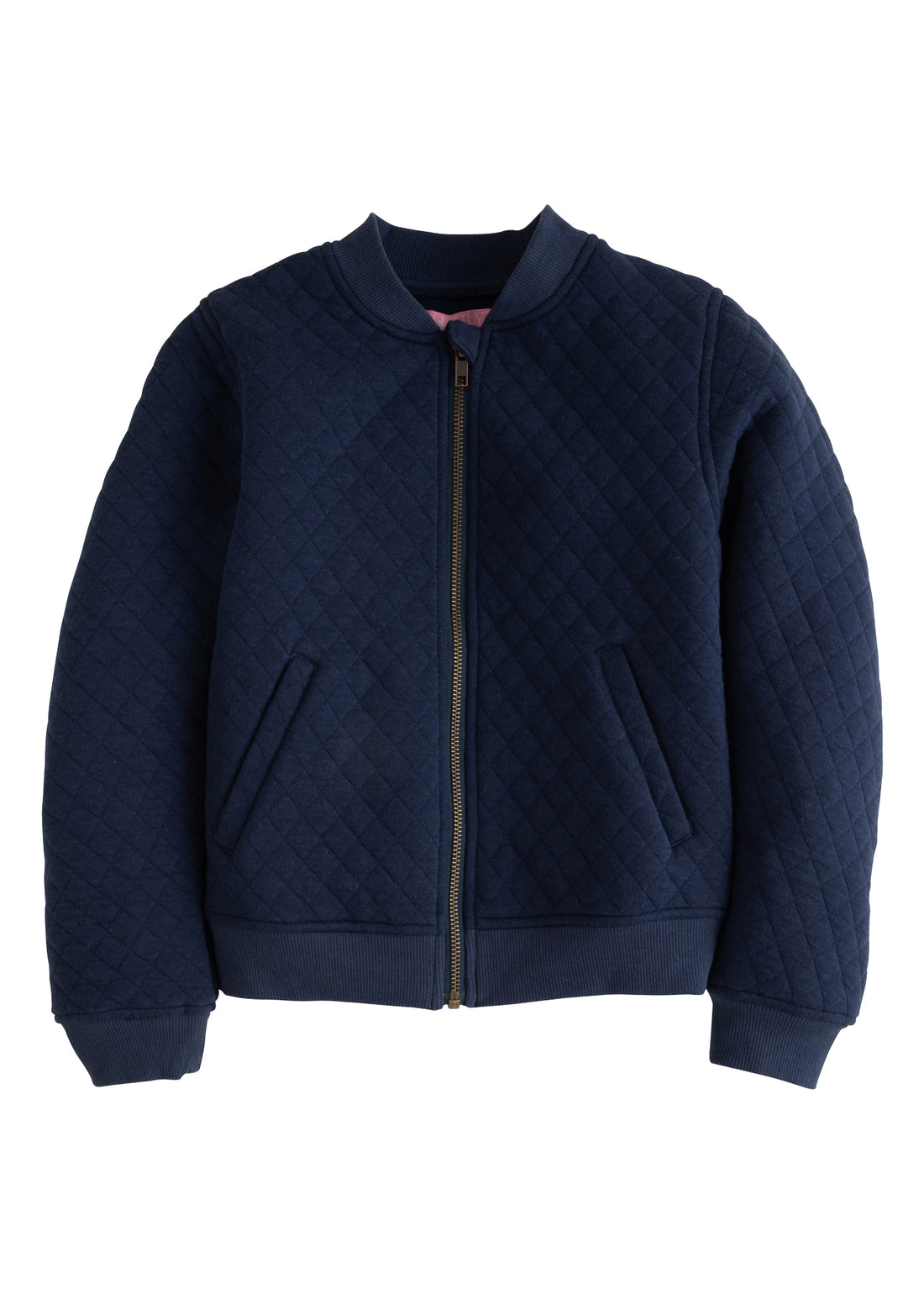 girls quilted bomber jacket in navy, girls zip up jacket with pockets, girls tween clothing