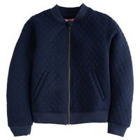girls quilted bomber jacket in navy, girls zip up jacket with pockets, girls tween clothing
