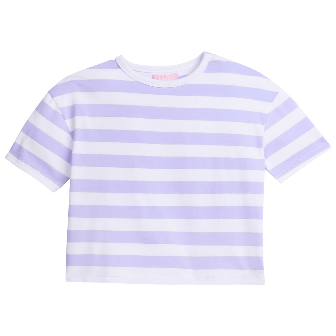 Girl basic tee, slightly cropped, with thick lilac and white stripes, separated by thin silver metallic stripes for an extra pop