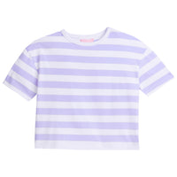 Girl basic tee, slightly cropped, with thick lilac and white stripes, separated by thin silver metallic stripes for an extra pop