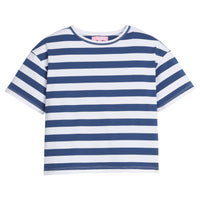 Girl basic tee, slightly cropped, with thick navy and white stripes, separated by thin silver metallic stripes for an extra pop