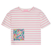 Girl basic tee, pink and white stripes with a colorful floral pocket patch on lower corner of shirt
