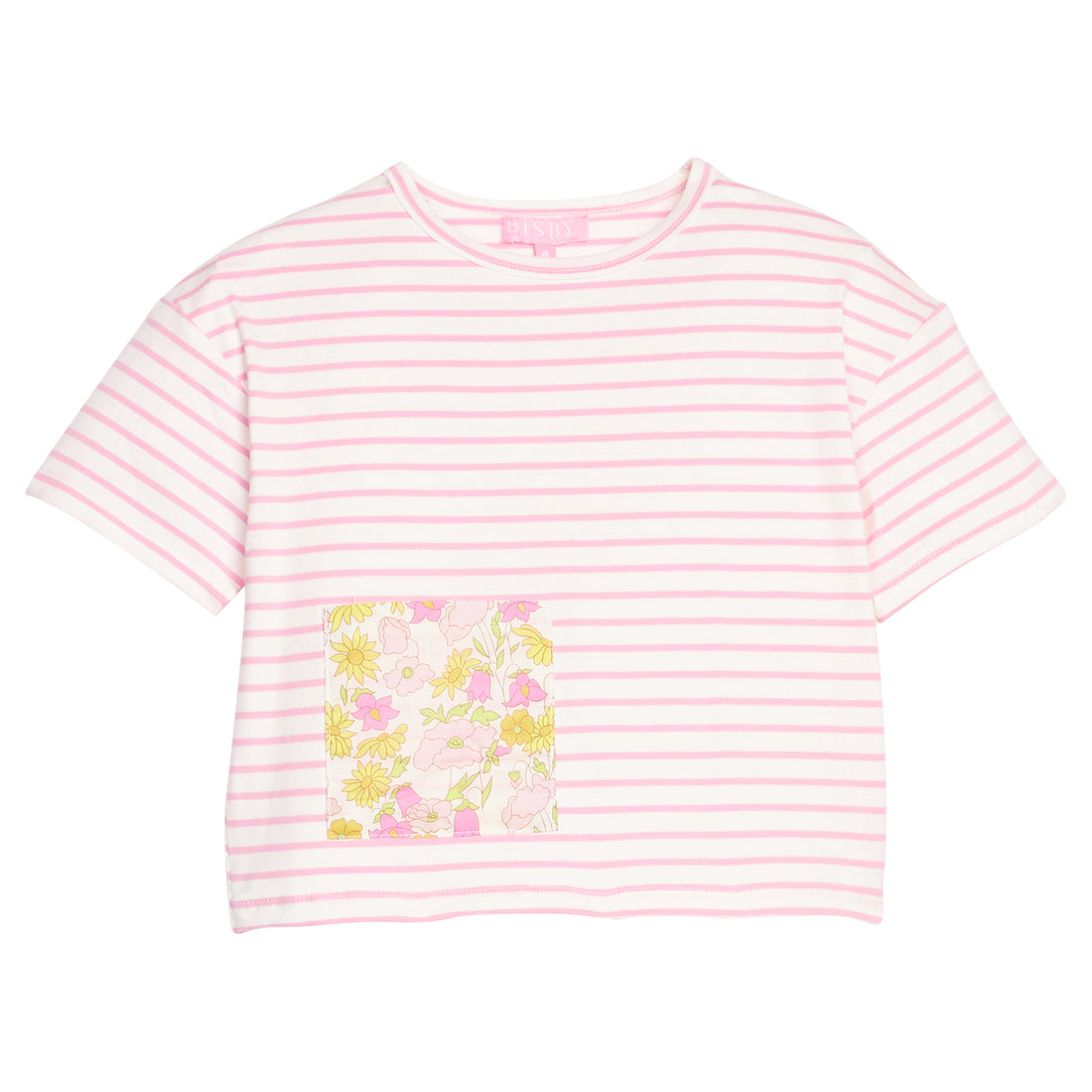 BISBY girl knit boxy tee in a pink and white stripe. Tee features a faux pocket on the front with a yellow/pink floral pattern to elevate the tee. 