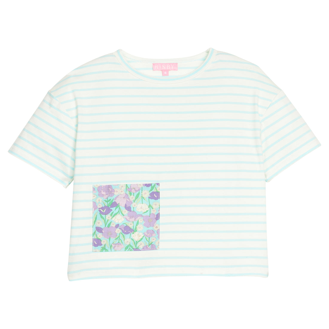 BISBY girl knit boxy tee in an aqua and white stripe. Tee features a faux pocket on the front with a purple/green/aqua floral pattern to elevate the tee. 