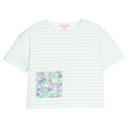 BISBY girl knit boxy tee in an aqua and white stripe. Tee features a faux pocket on the front with a purple/green/aqua floral pattern to elevate the tee. 