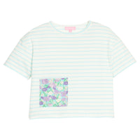 BISBY girl knit boxy tee in an aqua and white stripe. Tee features a faux pocket on the front with a purple/green/aqua floral pattern to elevate the tee. 