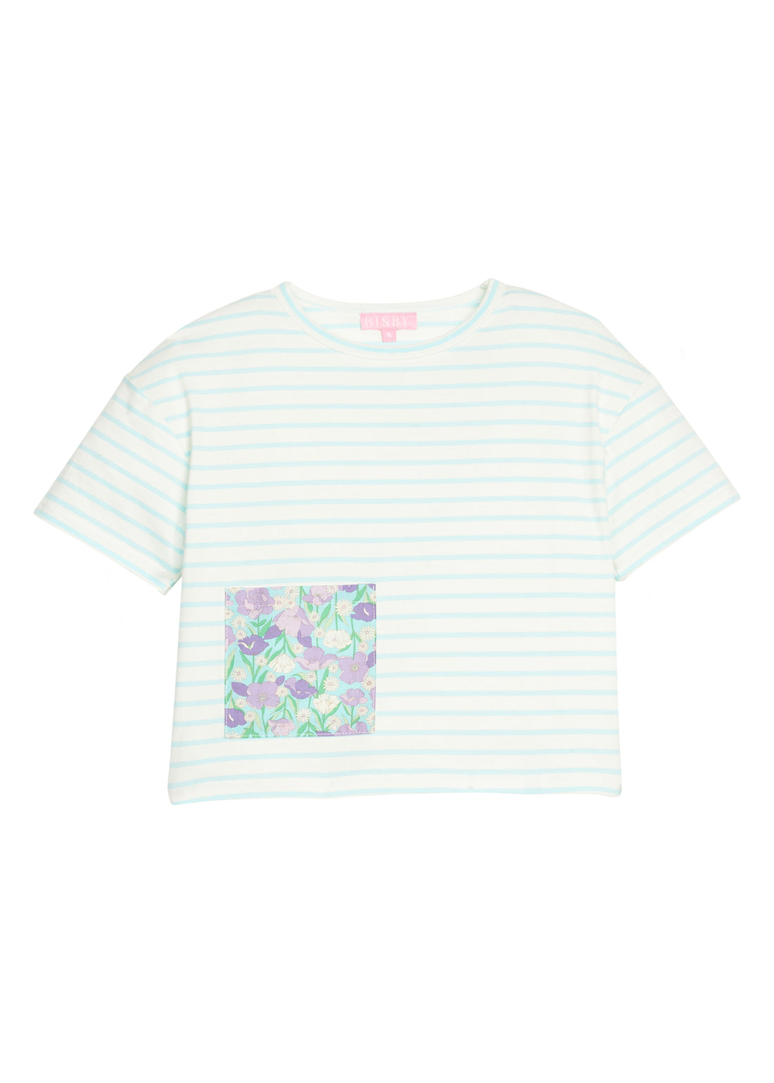 BISBY girl knit boxy tee in an aqua and white stripe. Tee features a faux pocket on the front with a purple/green/aqua floral pattern to elevate the tee.