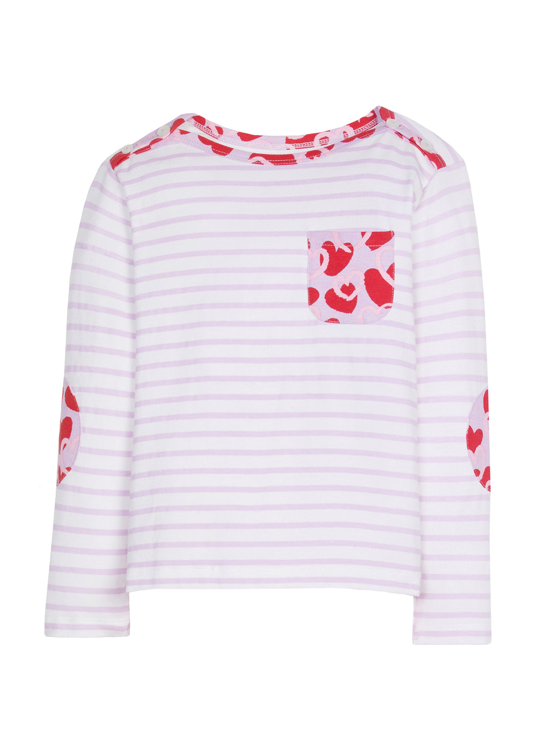 Long sleeve lilac stripe knit top with graffiti heart pocket square detail and elbow padding detail.