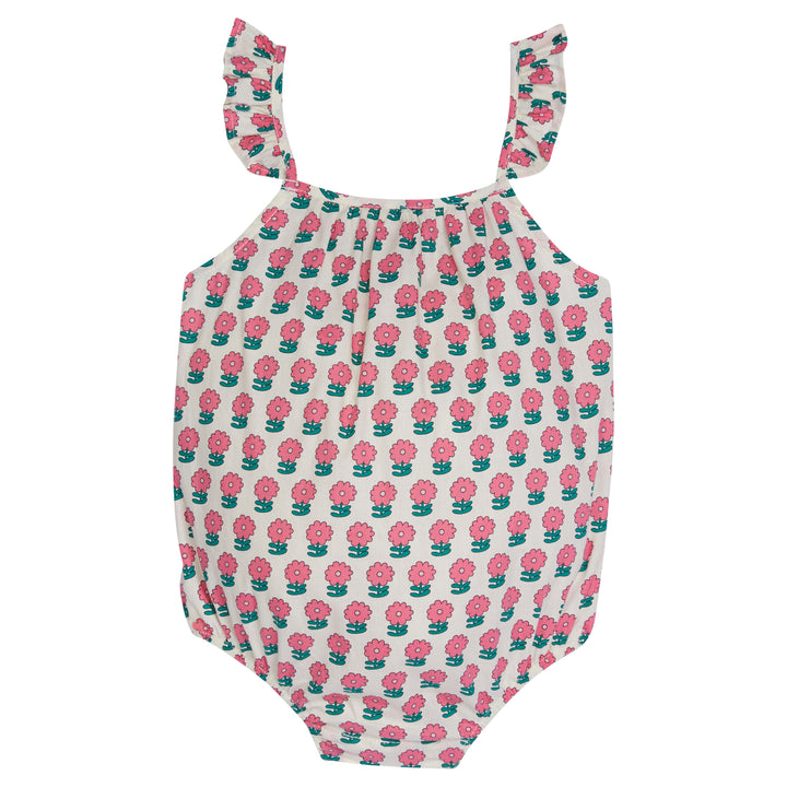 Baby girl bubble with ruffle straps, with a pink floral pattern print on a white background