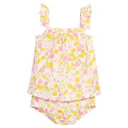 BISBY baby woven bloomer set in a pink/yellow floral print. Top features a two button at back and ruffles at sleeves. Bottom features elastic waistband and stride for easy put on/pull off access. 