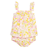 BISBY baby woven bloomer set in a pink/yellow floral print. Top features a two button at back and ruffles at sleeves. Bottom features elastic waistband and stride for easy put on/pull off access. 
