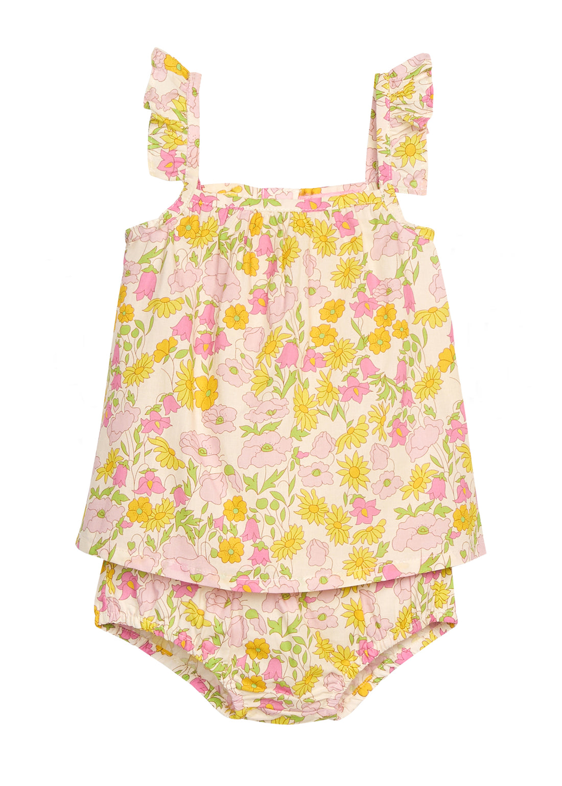 BISBY baby woven bloomer set in a pink/yellow floral print. Top features a two button at back and ruffles at sleeves. Bottom features elastic waistband and stride for easy put on/pull off access.