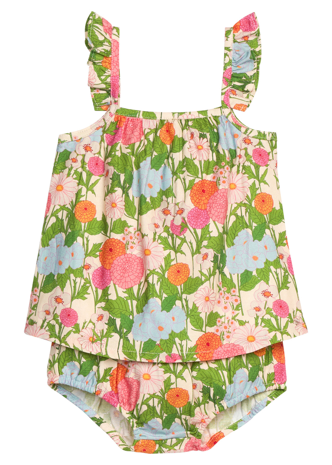 BISBY baby woven bloomer set in a green/orange/pink/light blue floral print. Top features a two button at back and ruffles at sleeves. Bottom features elastic waistband and stride for easy put on/pull off access. baby girl floral bloomer set
