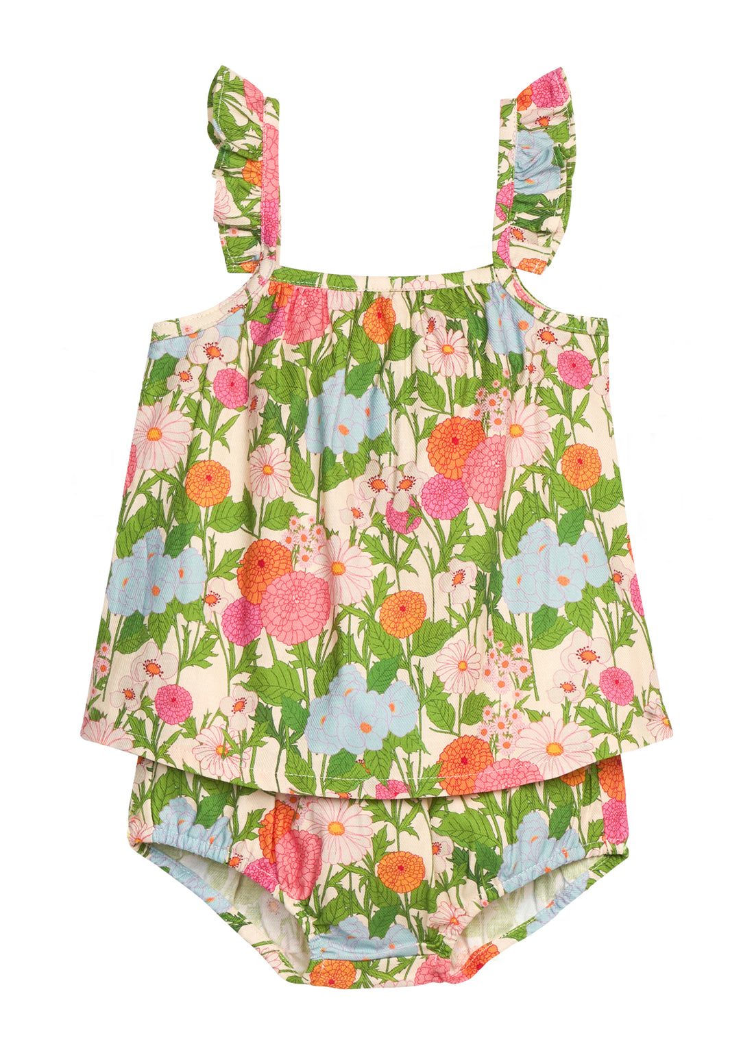 BISBY baby woven bloomer set in a green/orange/pink/light blue floral print. Top features a two button at back and ruffles at sleeves. Bottom features elastic waistband and stride for easy put on/pull off access. baby girl floral bloomer set