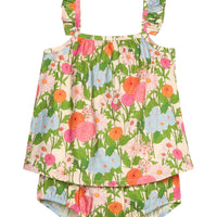 BISBY baby woven bloomer set in a green/orange/pink/light blue floral print. Top features a two button at back and ruffles at sleeves. Bottom features elastic waistband and stride for easy put on/pull off access. baby girl floral bloomer set