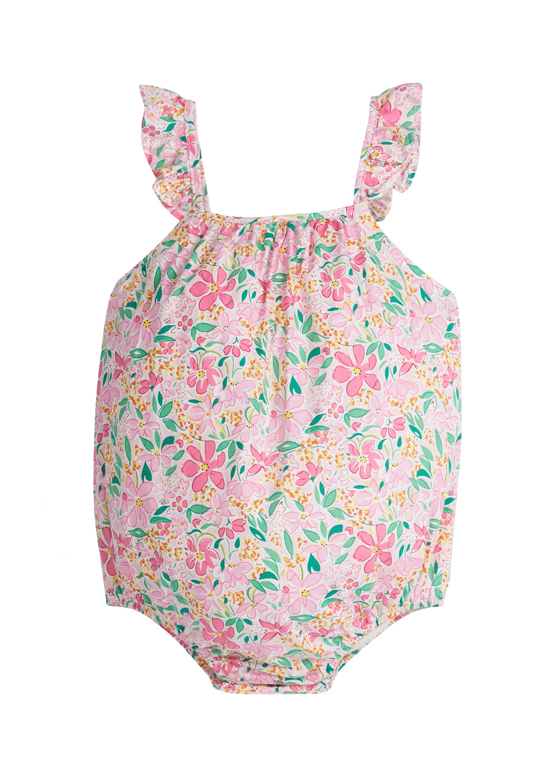 Baby girl woven bubble featured in a bright pink/yellow/green floral print. Bubble features ruffle straps and button closures along back and stride for easy put on access. 