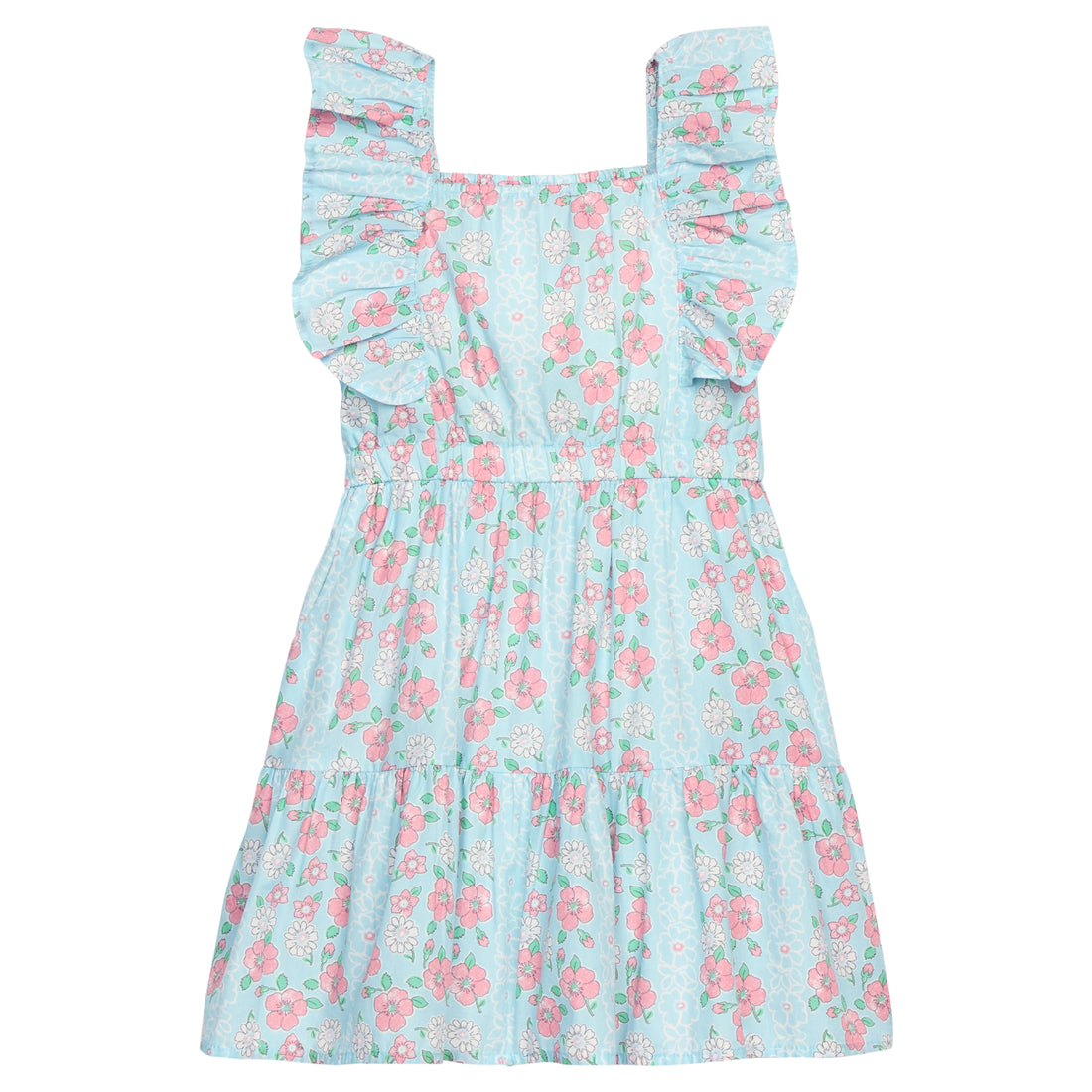 BISBY girl woven dress in a blue/pink/white floral print. Dress features angel flutter sleeves, elastic waistband, and pockets for an elevated look. 