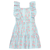 BISBY girl woven dress in a blue/pink/white floral print. Dress features angel flutter sleeves, elastic waistband, and pockets for an elevated look. 