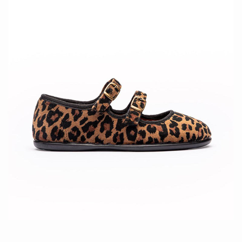 Leopard print shoe with a strap on a white background velvet mary jane for girls and tweens