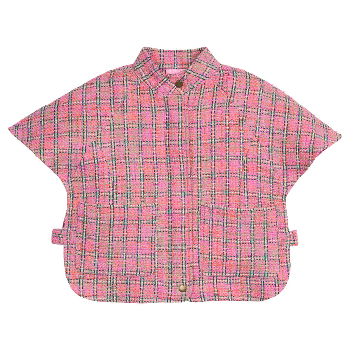Girls pink plaid tweed cape with hidden zipper and two button closure. 