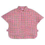 Girls pink plaid tweed cape with hidden zipper and two button closure. 