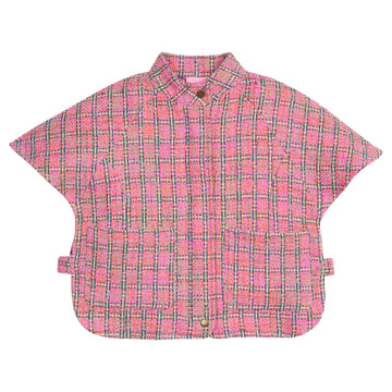 Girls pink plaid tweed cape with hidden zipper and two button closure. 