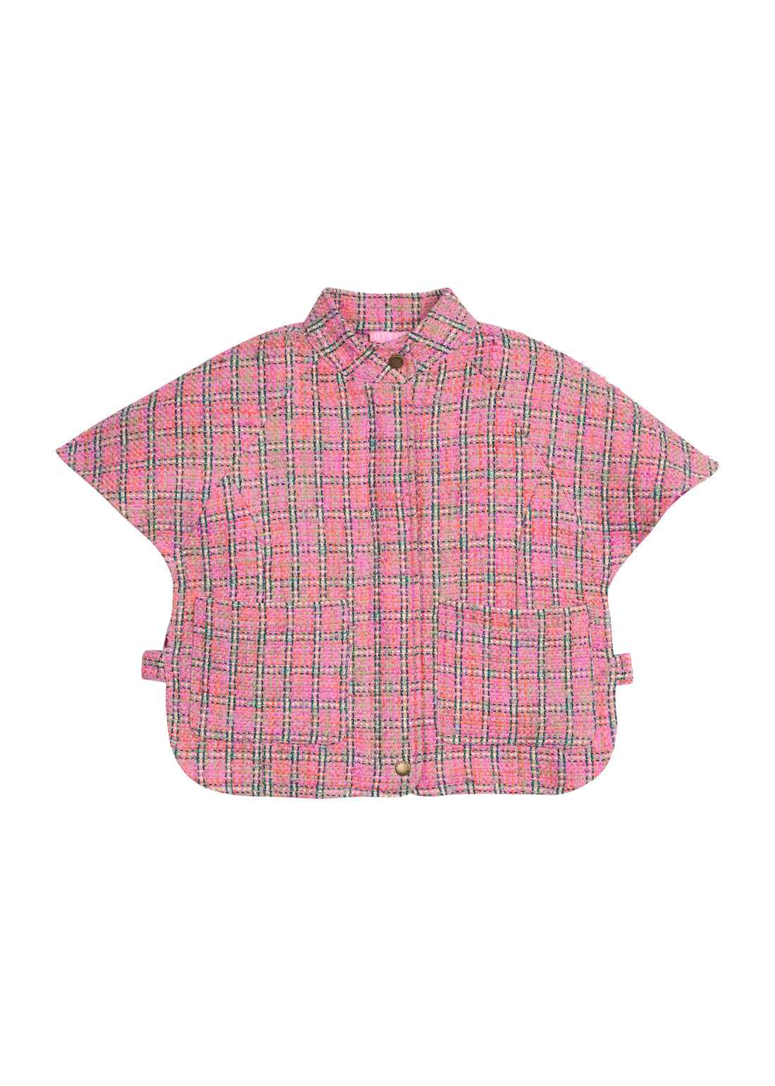 Girls pink plaid tweed cape with hidden zipper and two button closure. 