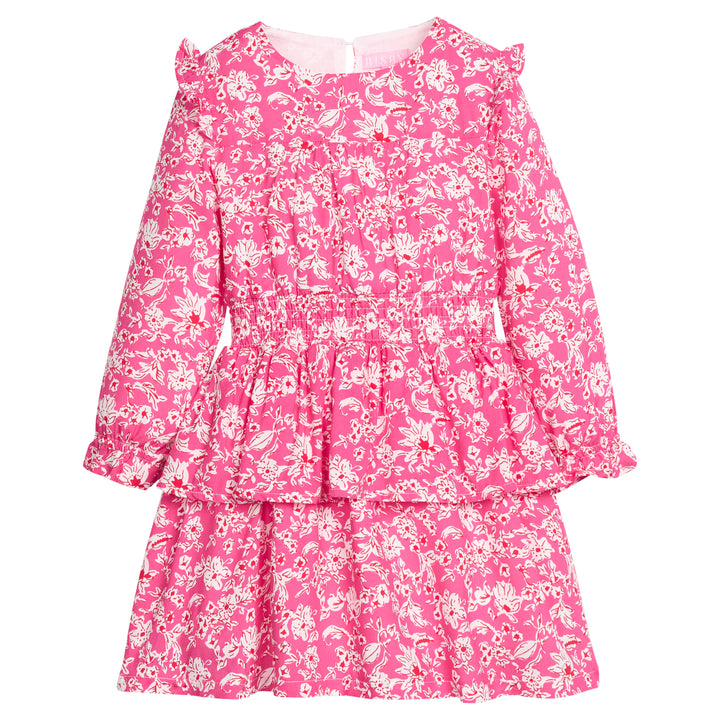 Pink floral dress with button closure along back of neckline, long sleeves, elastic ruched waistband, and two tiers for a flow but secure fit. 