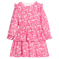 Pink floral dress with button closure along back of neckline, long sleeves, elastic ruched waistband, and two tiers for a flow but secure fit. 