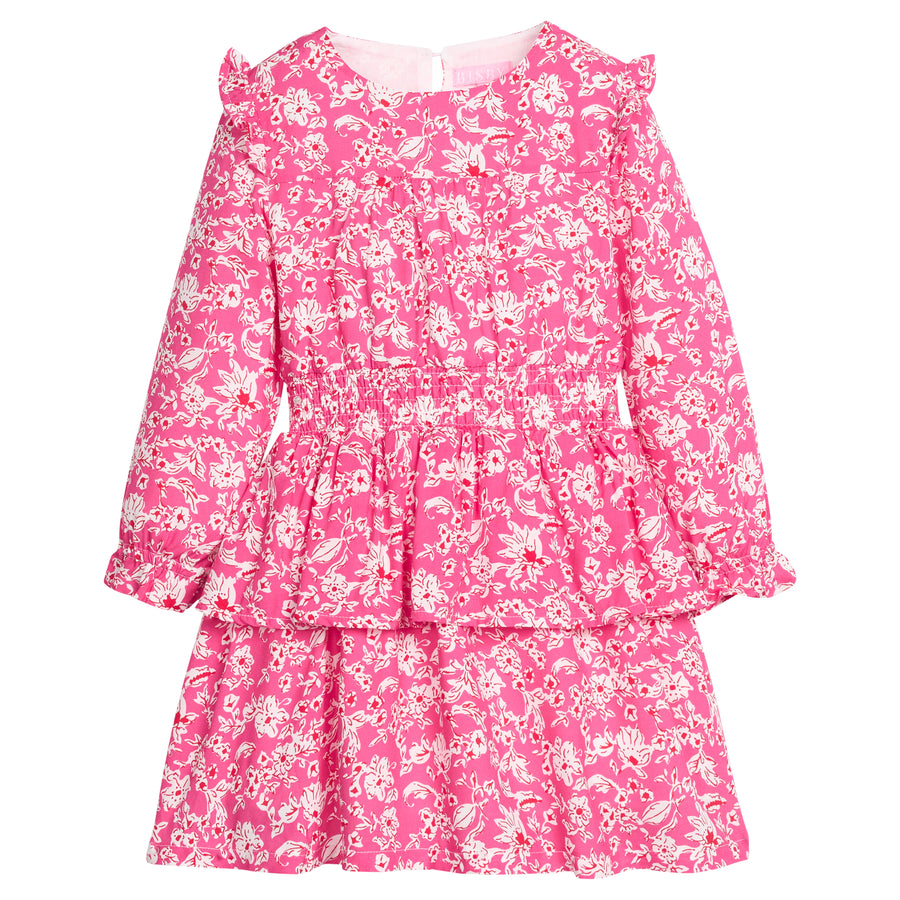 Pink floral dress with button closure along back of neckline, long sleeves, elastic ruched waistband, and two tiers for a flow but secure fit. 
