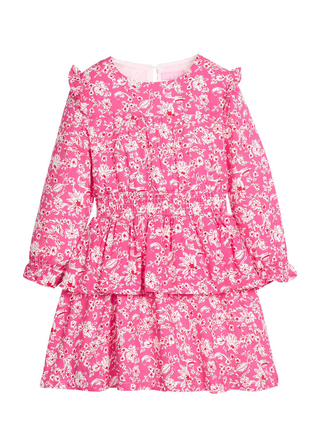 Pink floral dress with button closure along back of neckline, long sleeves, elastic ruched waistband, and two tiers for a flow but secure fit. 